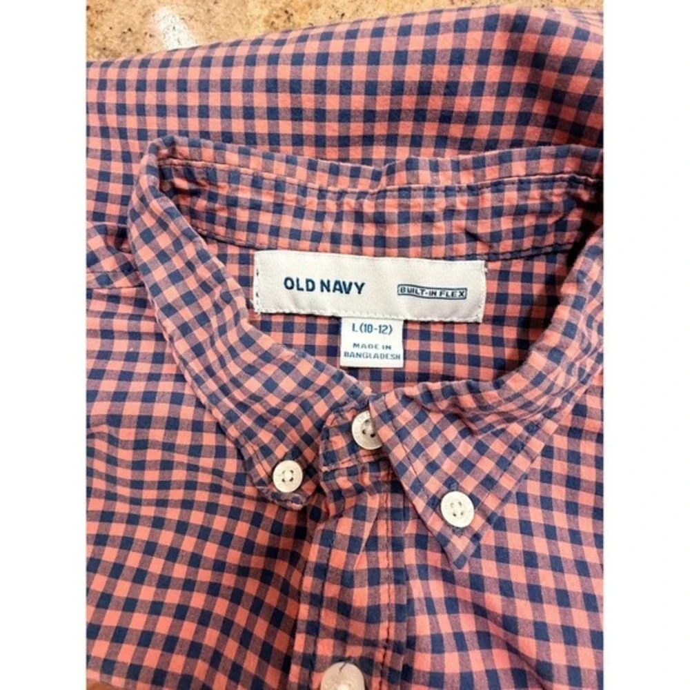 Old Navy Cotton Button Down Shirt Boys L 10-12 Pink Navy Gingham Flex‎ Preppy